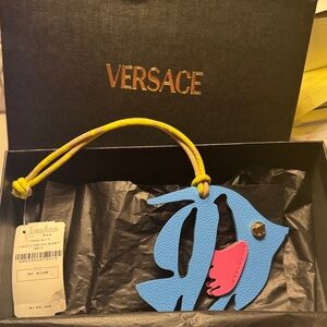 NWT Versace Blue and Pink Fish Charm Yellow Strap box bag charm tag $195 Leather
